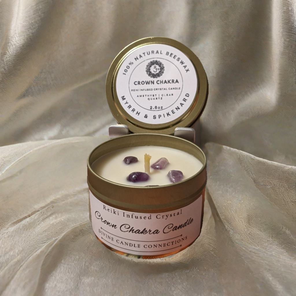 Reiki-Infused Amethyst, Clear Quartz, Spikenard and Myrrh Crown Chakra Candle: Illuminate Divine Connection